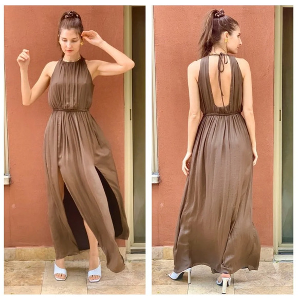 Zara Empire Waist Brown Satin Open Back Slit Maxi Dress Size XS - Picture 1 of 16
